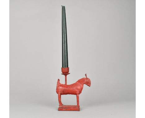 An Indian Red Painted Cast Metal Novelty Candlestick in the Form of a Goat, 12cms Long