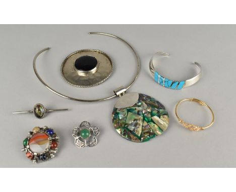 A Silver and Simulated Turquoise Bracelet, a Silver Brooch Depicting King Fisher (AF), a White Metal and Abalone Shell Pendan