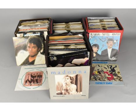 Four Vintage Record Cases Containing Various Singles to Include Madonna, Michael Jackson, Duran Duran, Madness etc