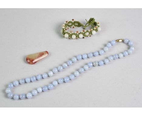 A Jade Type Pendant, 44mm Long, A String of Blue Lace Agate Beads with Gilt Silver Chinese Style Filigree Clasp and a Green S