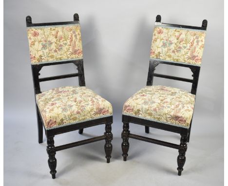 A Pair of Ebonised Tapestry Upholstered Side Chairs, One Had Had Worm