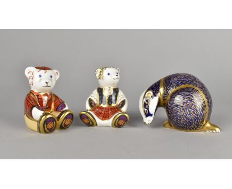 Three Royal Crown Derby Paperweights, Scottish Teddy - Fraser (Gold Button), Shona Bear (Gold Button) and Badger (No Button)