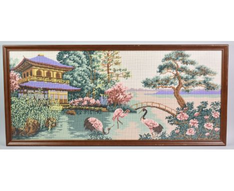 A Framed Tapestry Depicting Pagoda and Cranes, 89x38cms