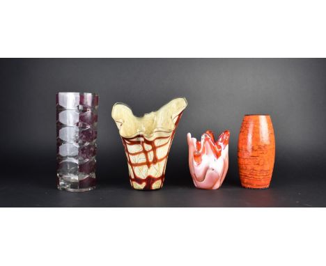 A Collection of Mid Century to Comprise Two Glass Handkerchief Vases, a Geometric Cranberry and Clear Glass Vase After J.G Du