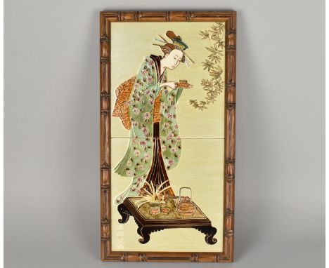 A Bamboo Framed Double Tile Depicting Japanese Maiden, 40cms High