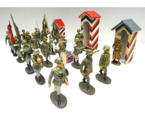 David Hawkins Collection Elastolin 70mm scale German Army marching with four Colour Bearers, three tinplate flags, Fanfare Tr