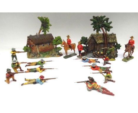 David Hawkins Collection Elastolin 70mm scale 6960 semi-flat Log Cabins (one damaged) with feuding Cowboys and three Royal Ca