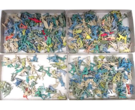 World War II unpainted plastic 40-54mm scale toy soldiers with fifty-one with Airfix footballers in an original box (Conditio