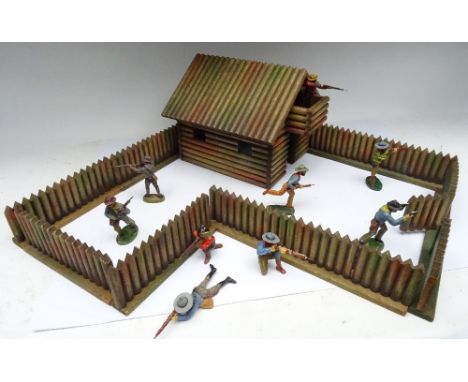 David Hawkins Collection Elastolin 70mm scale 13406/6 Log Cabin with seven piece Stockade and nine Cowboys (Condition Very Go