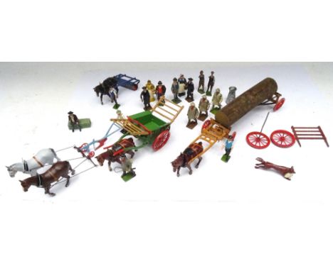David Hawkins Collection Britains set 6F, Plough (Condition Excellent), 4F Tumbrel Cart, 12F Timber Carriage (one horse missi