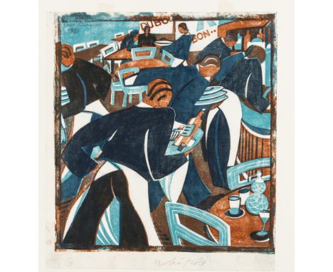 Lill Tschudi (1911-2004)Waiters (Coppel LT 47) Linocut printed in dark blue, light blue and reddish brown, 1936, signed and n