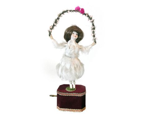 Small Ballerina Automaton with Flower Ring. Key wound for Music and Movement. Feather costume. Dancing Doll, moving Flower Bo