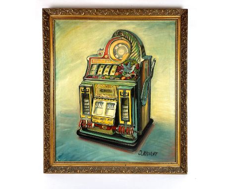 Framed J. Krivine painting of Watling "Rol-A-Top" slot machine. Oil on canvas. Height: 107 cm. Width: 91 cm. Depth: 8 cm. Con