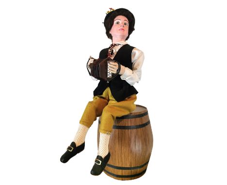Swiss Accordion Player Automaton by W.T., Boy sitting on a Barrel. 220V, electrified. Leg, Arms and Head movement. Digital Mu