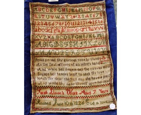 Embroidered Victorian sampler attributed to Sara Dixon, aged seven , June 1826, 35 x 30cm