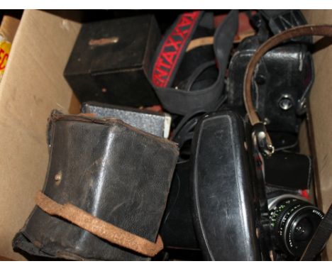 Box of vintage cameras including Kodak etc