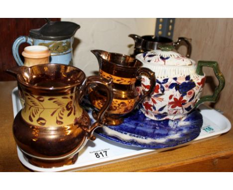 Tray of Victorian ceramics including flow blue and pewter lidded hunting jug