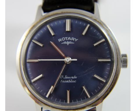 Gents blue faced Rotary Incabloc stainless steel wristwatch on leather strap