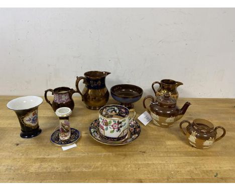 A collection of mixed china including lustre ware, three jugs, (largest 13cm high), a footed bowl, a Dresden vase with flared