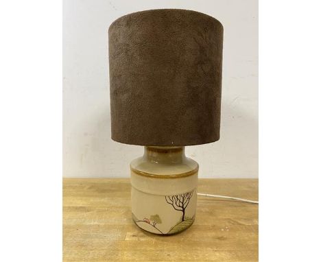 A Denby pottery Savoy pattern table lamp with suede (?) lampshade, (34cm high)