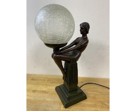 An Art Deco style female figure table lamp with spherical frosted shade, base marked 1998 Crosa, (44cm high)