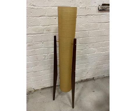 A rocket lamp with spun fibre glass shade on teak supports, (115cm high)