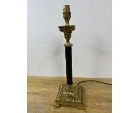 A Regency style corinthian column table lamp on square brass base and bracket feet, (44cm high)
