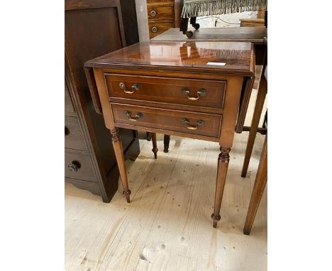 A reproduction mahogany Georgian style work table with drop-leaves to side over two drawers, top with fitted shelf, and a qua