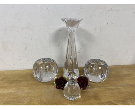 A pair of Elizabeth II Silver Jubilee commemorative taper holders, (each 7cm x 9cm), a glass scent bottle, and a glass candle