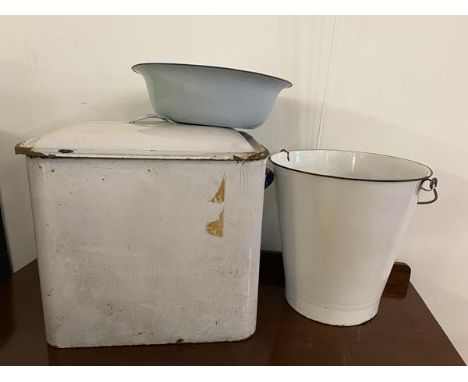 A group of enamel ware including bread bin, (37cm x 44cm x 31cm) a bucket with swing handle and basin (3)
