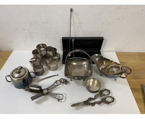A mixed lot of Epns including a Lambidis footed handled dish with roses applied to sides, (14cm high), a white metal horned b