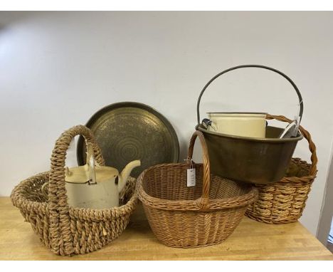 A mixed lot including a brass circular tray with an animal and flower motif, ( 43cm diameter,) 3 wicker baskets, an enamel ke