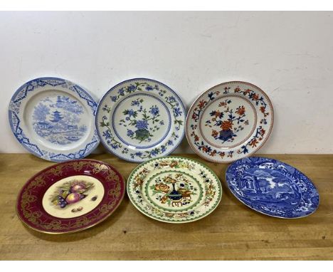 Two Royal Worcester china plates with chinoiserie pattern, one blue and green, the other red and blue, (each 27cm diameter), 
