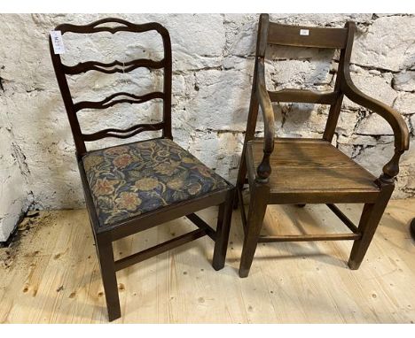 A 19thc mahogany dining chair with pierced ladder back, drop in upholstered seat on square supports united by stretcher, meas