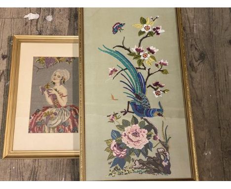 A Chinese style embroidered panel with bird on branch,  (62cm x 33cm) and another tapestry depicting lady with grapes (2)