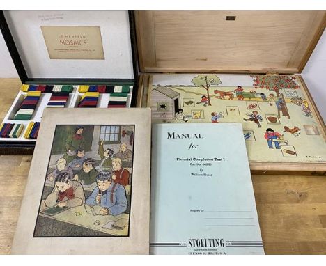 A collection of vintage children's development tests including a Stoelting test with manual and original box, a Lowenfeld mos