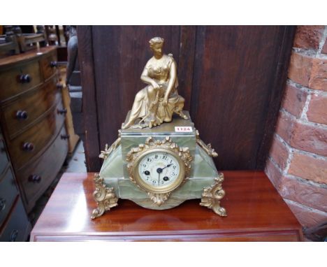 A Louis XVI style green onyx and gilt metal mantel clock,&nbsp;34cm high, (lacking pendulum).&nbsp; 