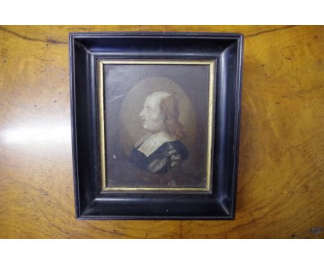 English School,&nbsp;17th/18th century, portrait miniature of Oliver Cromwell, labelled verso, oil on oak panel, 11.5 x 9.5cm