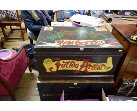 Ron Ackers Tattoo Artist:&nbsp;an interesting painted trunk, decorated by Ron Ackers, 77cm wide; together with related tattoo