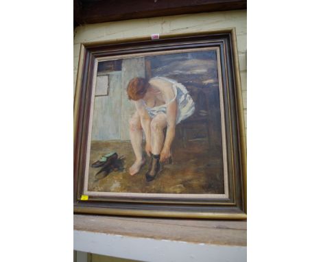 British School,&nbsp;'Putting on Stockings', indistinctly signed and dated, oil on canvas, 54.5 x 49.5cm; together with anoth