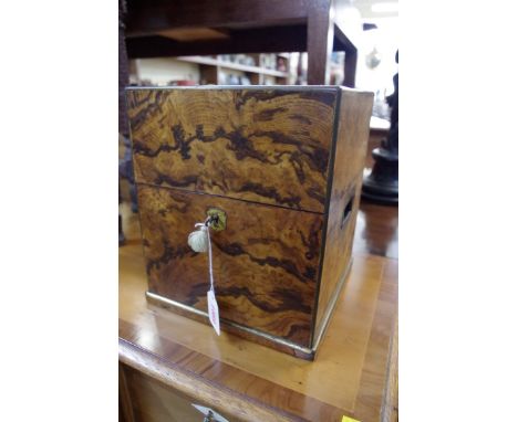 A Victorian faux grained burr oak decanter box, inscribed 'J &amp; C Haywood, Derby', 21.5cm wide, (chips to collar of one de