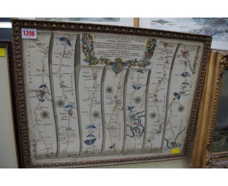 An antique hand coloured map of 'The Road from London to Poole', by John Ogilby, 34.5 x 45.5cm. 