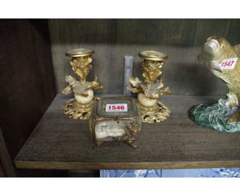 A pair of gilt brass dwarf candlesticks, 12cm high; together with another glass trinket box. 