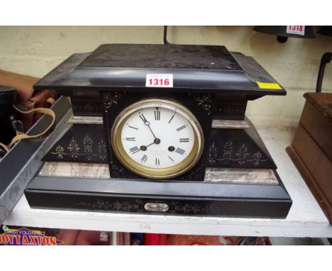 A slate and marble mantel clock, 40cm wide.&nbsp; 