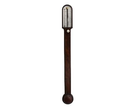 A Mahogany Stick Barometer, signed Abraham, Optician, Bath, circa 1800, nicely figured mahogany case with turned cistern cove