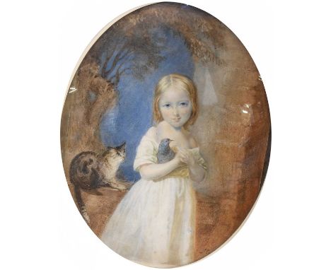British School (19th century) Portrait of a young girl holding a bird, with a cat looking on Initialled J. E (obscured by the