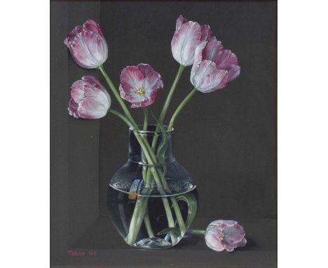 Tobias Harrison (b.1950) Still life of tulips in a glass vase Signed, oil on board, 32.5cm by 27cmProvenance: The Selected Co