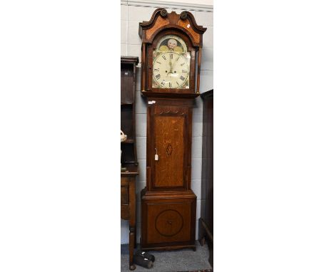 An Oak and Mahogany Eight Day Longcase Clock, early 19th century, 14" arch painted dial, signed indistinct Preston, dial arch