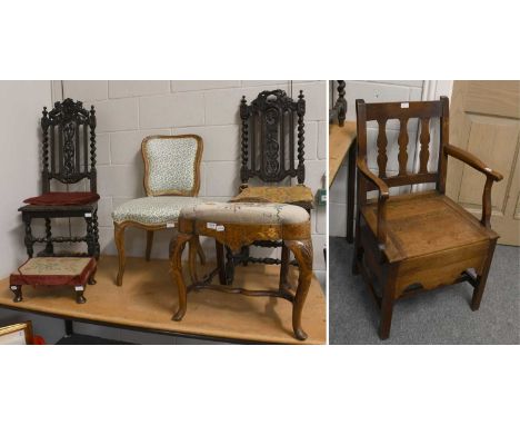 A 19th Century Marquetry-Inlaid Walnut Chair Base, Two Victorian Carved Oak Hall Chairs, A French Side Chair, A George III Oa