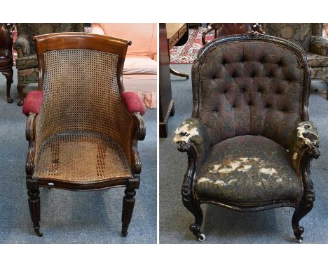 A William IV Mahogany Framed Bergere Chair, on tapering reeded legs, together with a Victorian carved mahogany button backed 